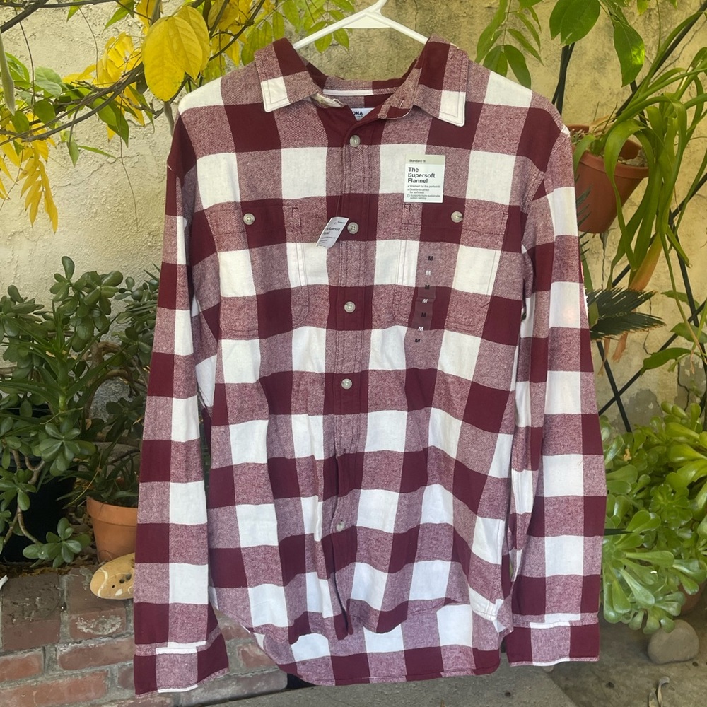 Sonoma Soft Flannel Burgundy Red White Flannel Button Down Mens Shirt NWT New M